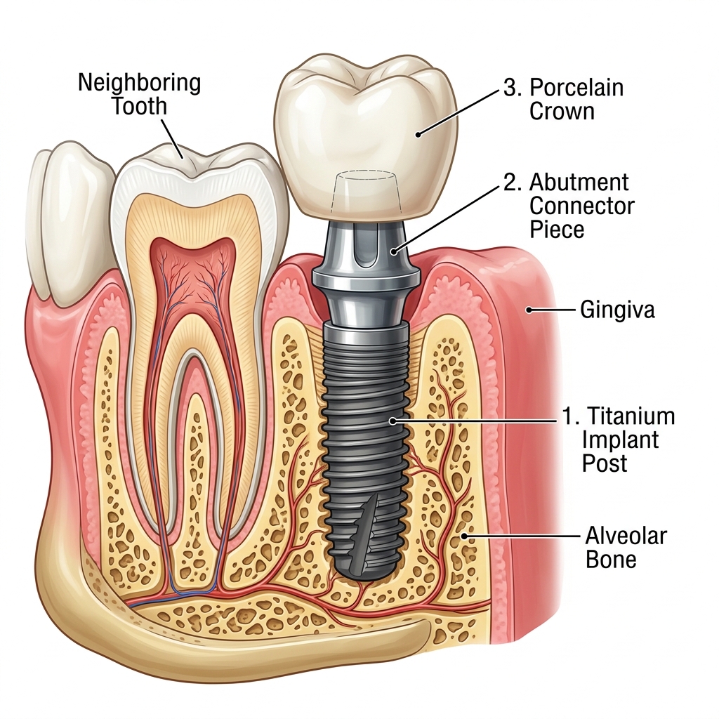 Cross-section anatomy of a dental implant in the jawbone