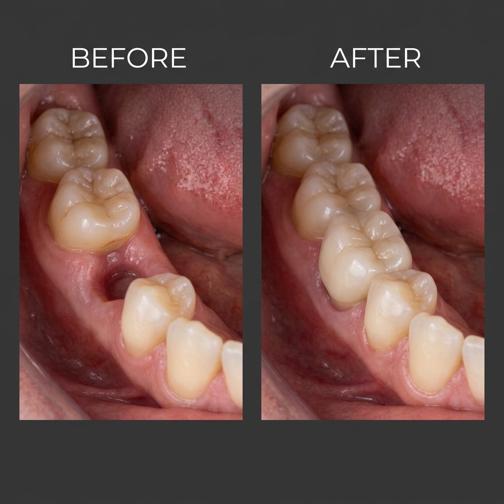 Before and after single dental implant replacing a missing molar