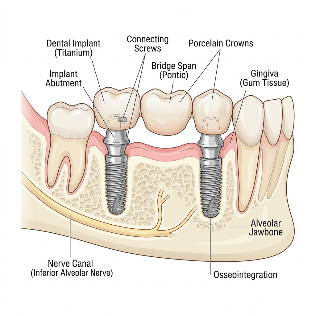Implant-supported bridge with 2 implants and 3 crowns