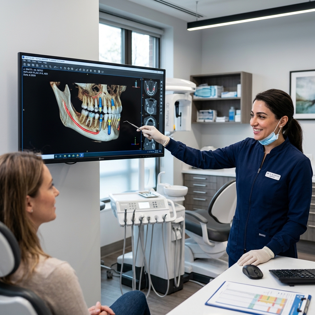 Patient undergoing a 3D CBCT jaw scan for dental implants