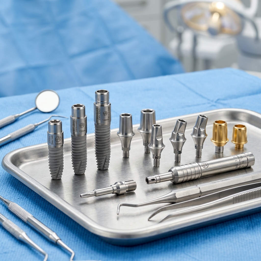 Genuine Straumann Swiss dental implant components on sterile tray
