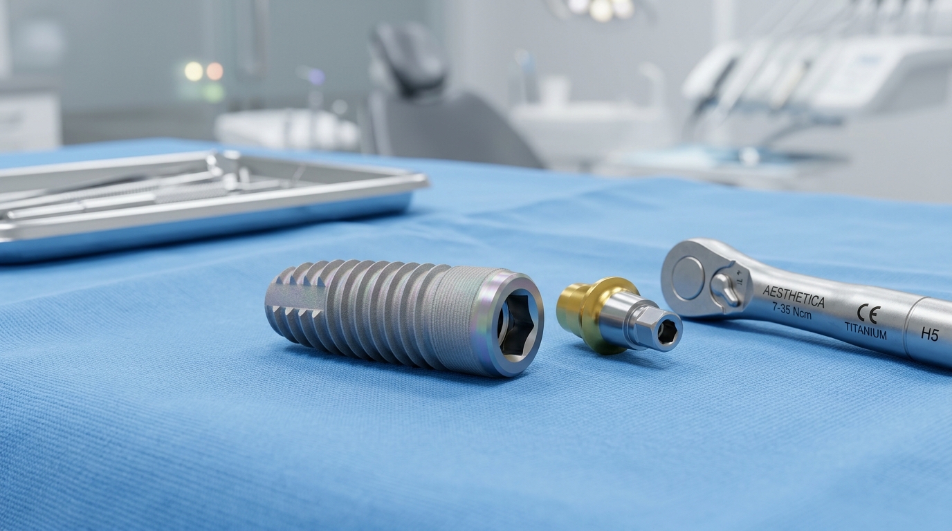 Korean Osstem TSIII SA / SOI titanium dental implant fixture, abutment and torque ratchet on sterile drape at HCMC Dental