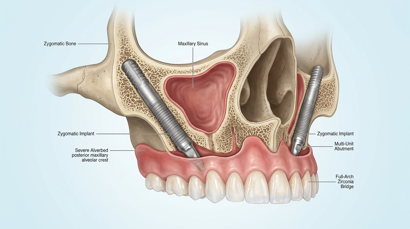 3D anatomical skull and maxilla illustration showing 45mm Zygomatic Implants anchored in cheekbone cortical bone bypassing maxillary sinus