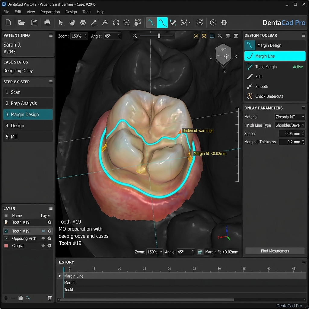 Screenshot of dental CAD design software highlighting margin line of custom onlay