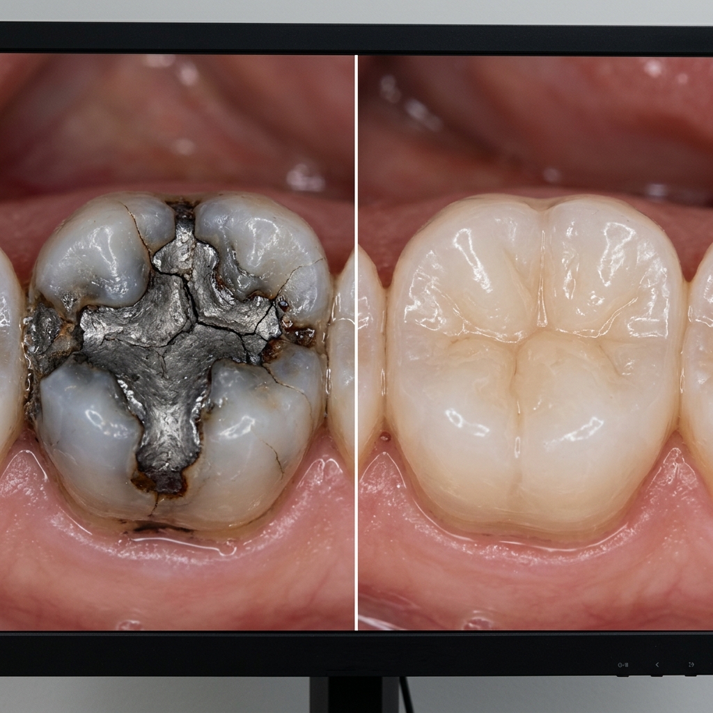 Before and After photos replacing ugly silver amalgam filling with premium ceramic onlay