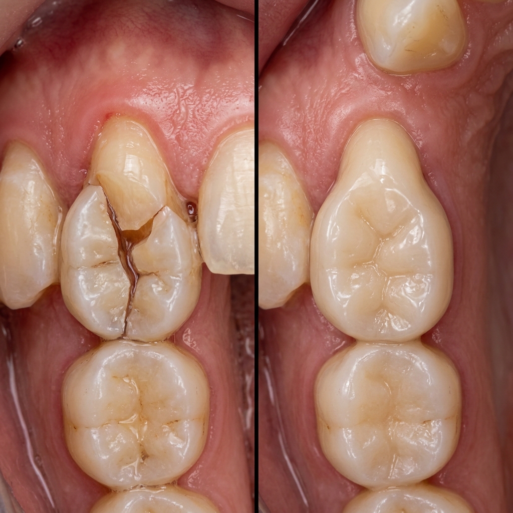 Before and After photos of premolar restoration using ceramic overlay to save cracked cusp