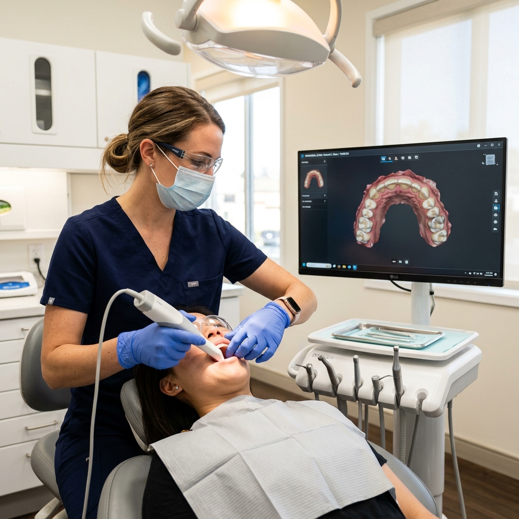 Clinical photo of dentist using Medit i700 intraoral scanner wand for digital dental scan