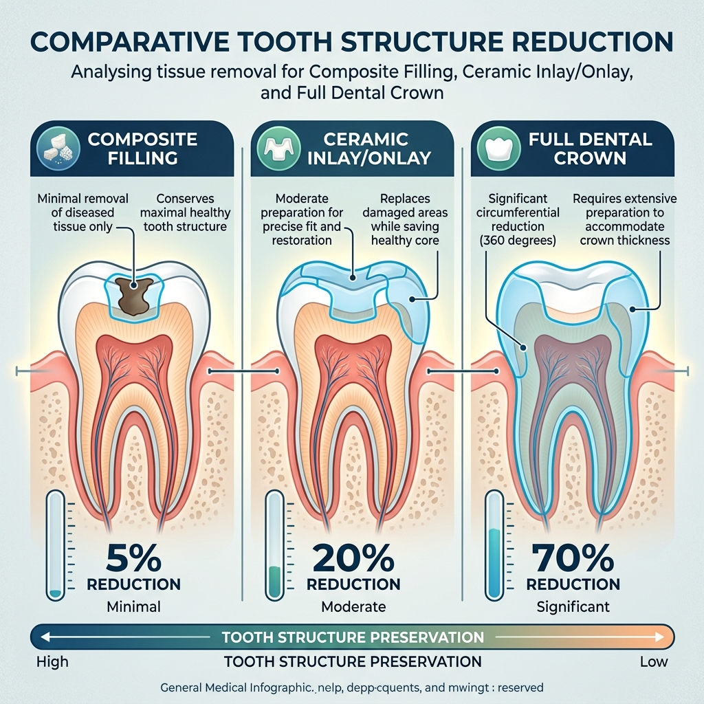 Anatomy diagram comparing healthy tooth structure preserved under inlay/onlay vs tooth matted down for full crown