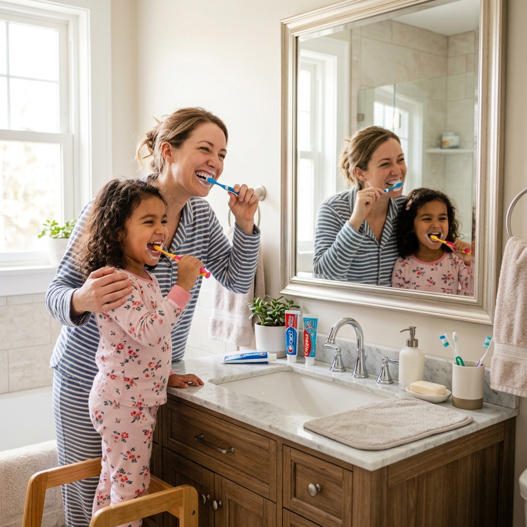 Happy parent and child brushing teeth together at home