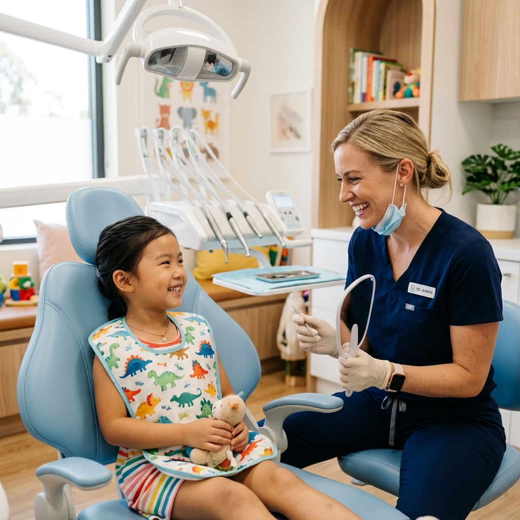 Child smiling in dental chair with friendly dentist at HCMC Dental