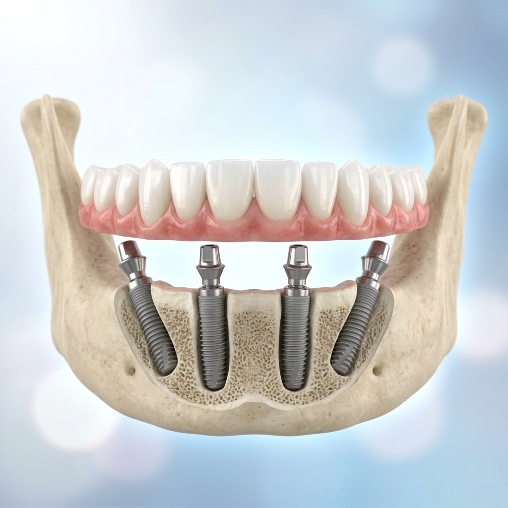 Dental implant models showing single titanium fixture and All-on-4 configuration