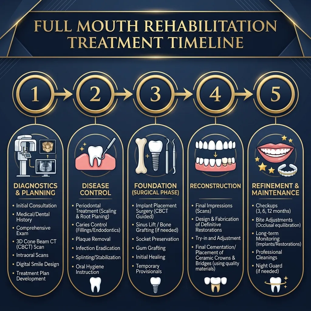 Full Mouth Rehabilitation 5-Phase Protocol Timeline