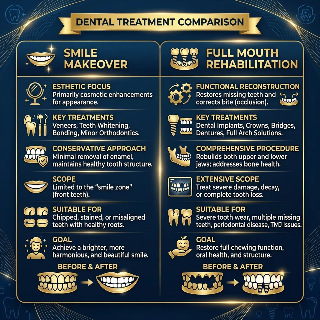Comparison: Smile Makeover (veneers) vs Full Mouth Rehabilitation (implants and crowns)