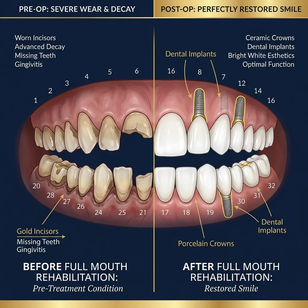 Full mouth rehabilitation components — implants, crowns, veneers, bridges illustrated diagram