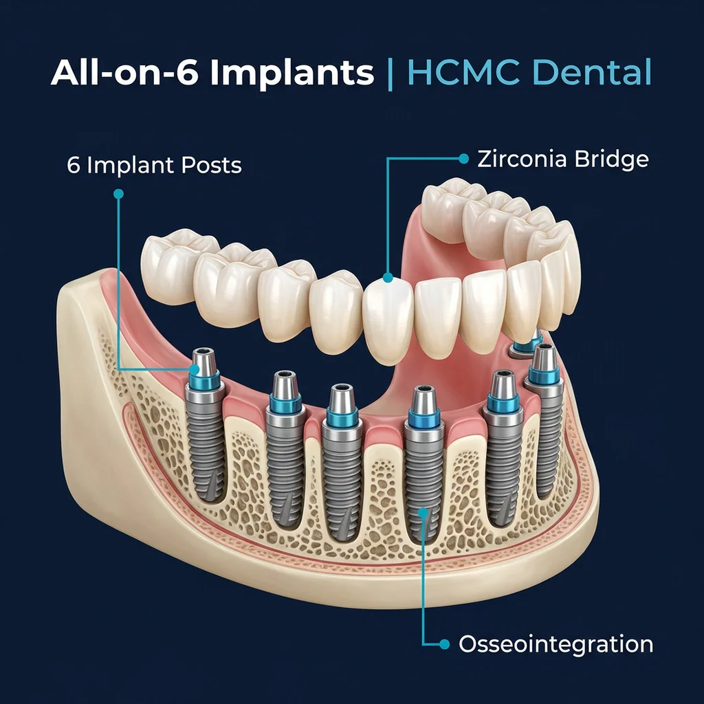 Cross-section diagram showing 6 titanium dental implants placed in jawbone supporting a full-arch zirconia bridge — All-on-6 technique at HCMC Dental Vietnam