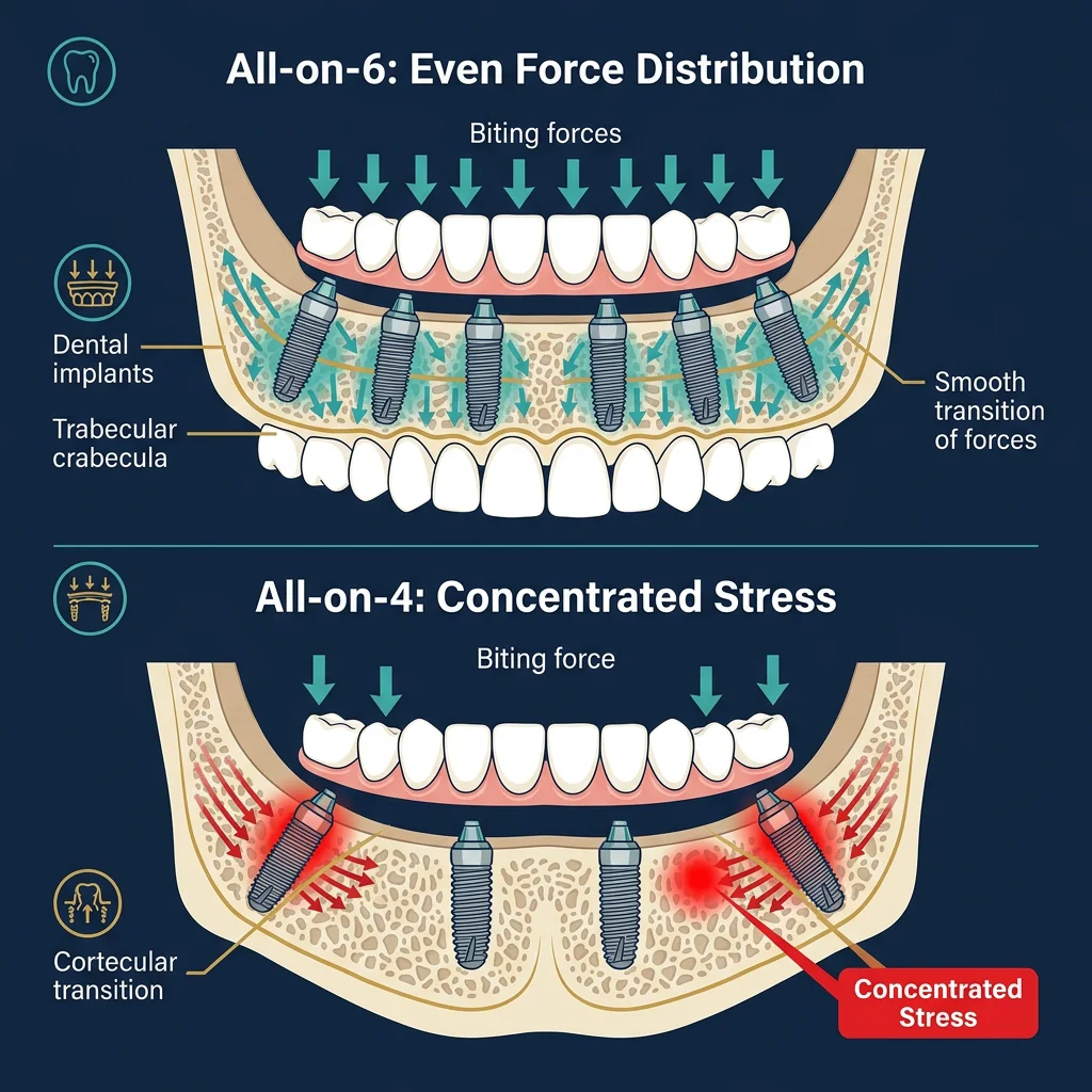 Biomechanics diagram: All-on-6 force distribution across 6 implants vs All-on-4 force concentration, showing reduced stress per implant post