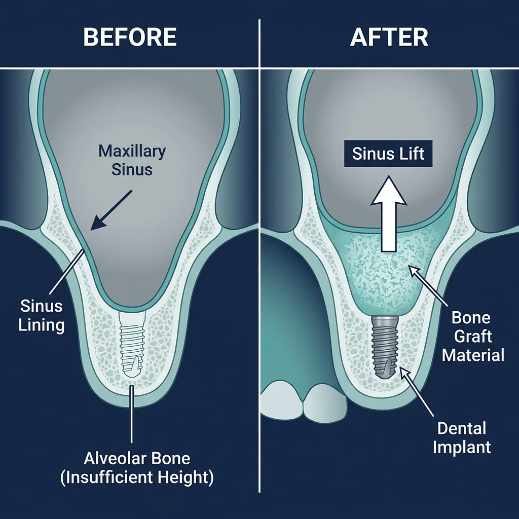 Medical illustration of sinus lift and bone graft procedure for upper jaw dental implant placement — HCMC Dental Vietnam