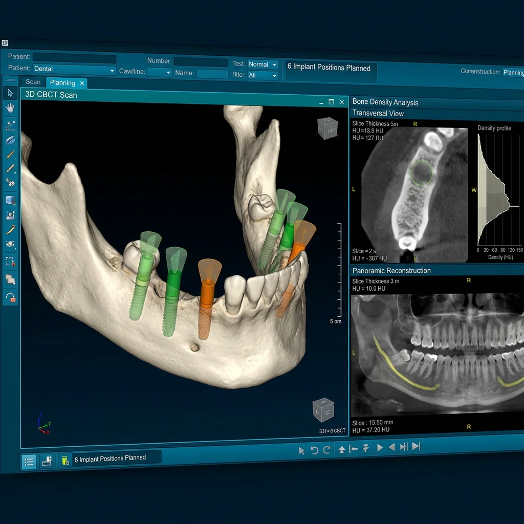 3D CBCT scan with digital implant planning showing 6 planned implant positions for All-on-6 surgery at HCMC Dental Vietnam