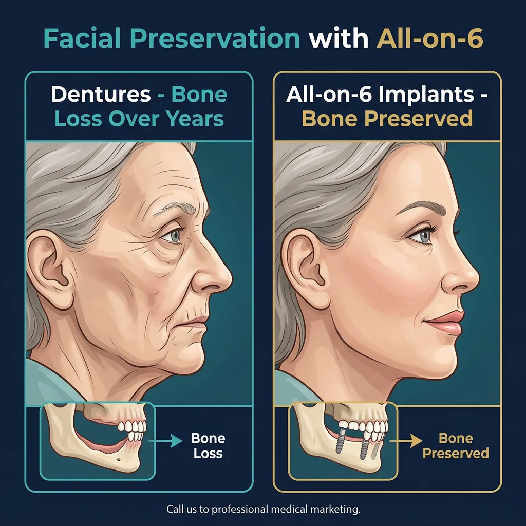 Before and after comparison: facial changes from jawbone loss with dentures vs preserved facial structure with All-on-6 dental implants