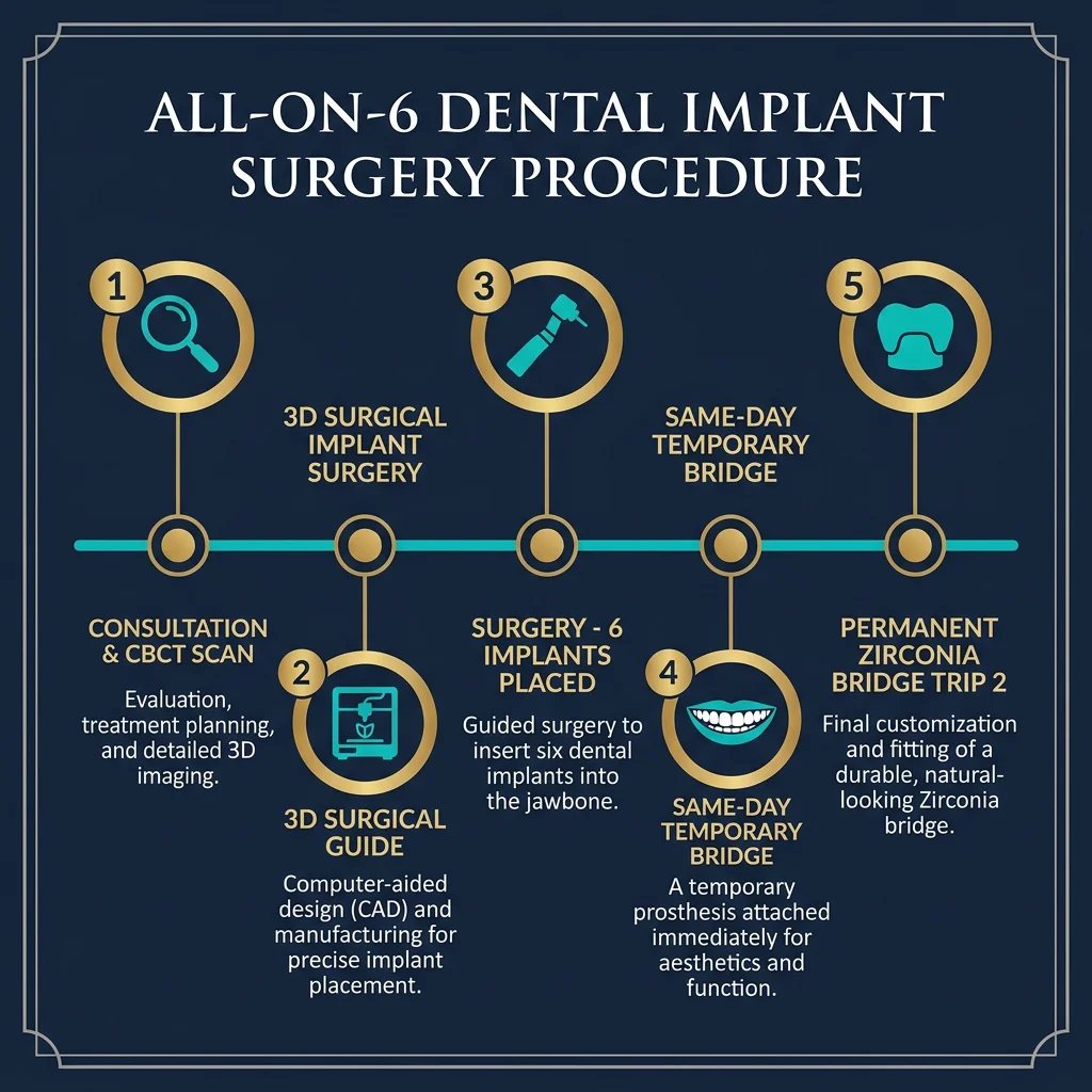 All-on-6 surgery procedure infographic: 5 main phases from consultation to permanent smile — HCMC Dental Vietnam