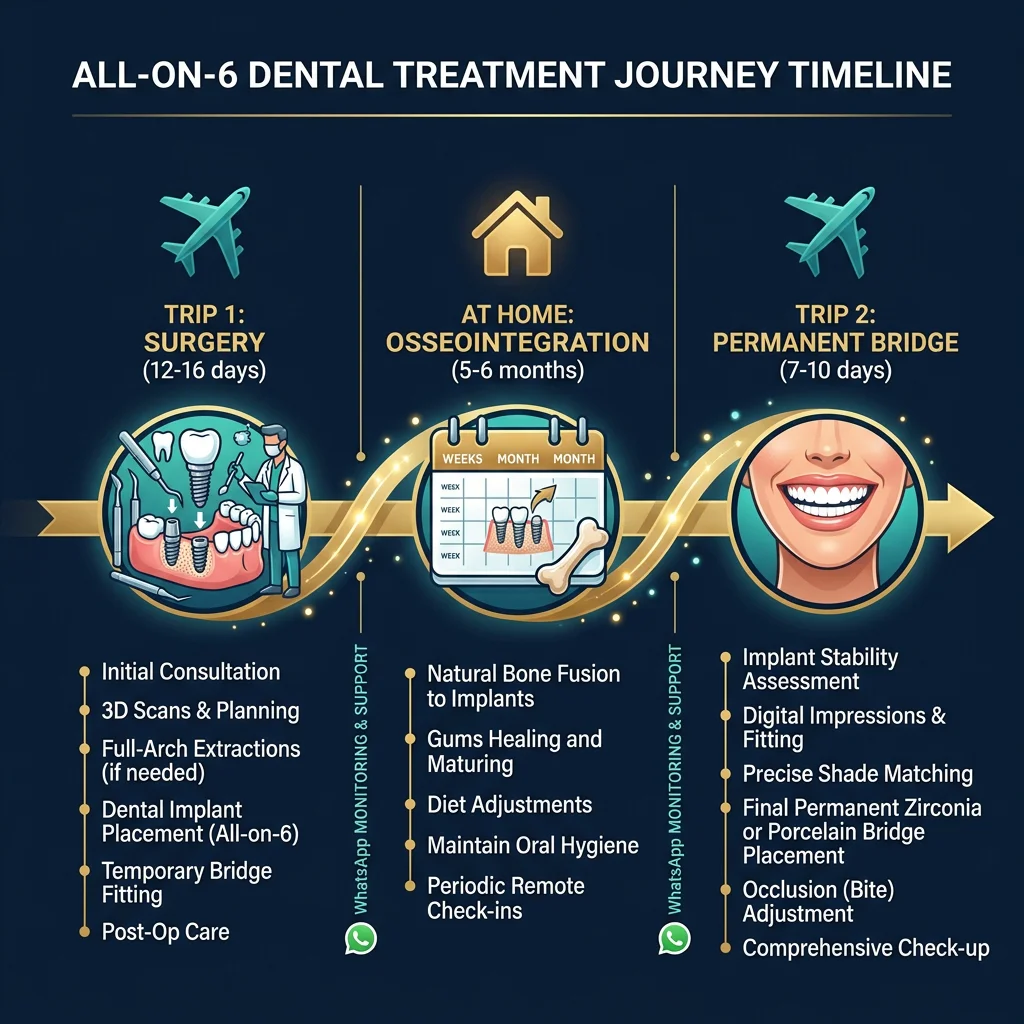 All-on-6 treatment journey timeline: Trip 1 surgery, home healing, Trip 2 permanent bridge — HCMC Dental Vietnam