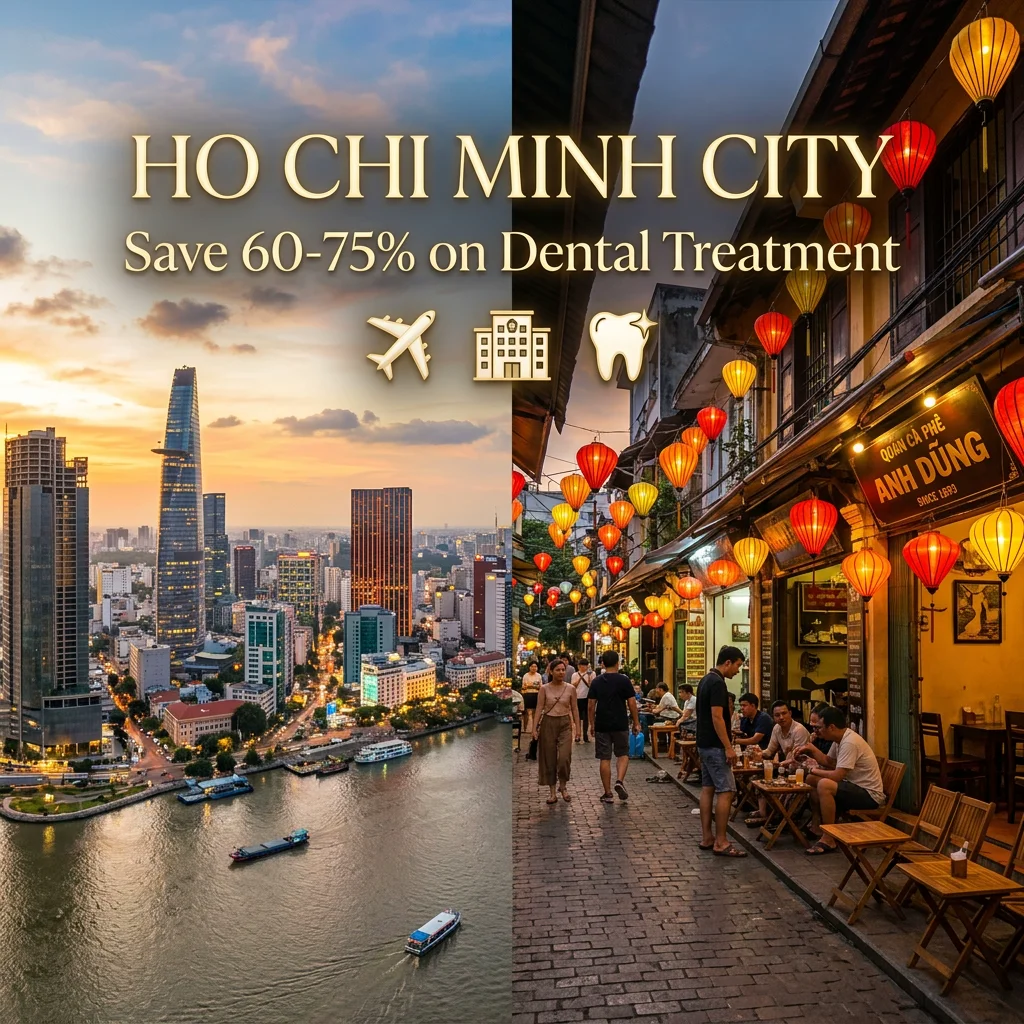 Ho Chi Minh City skyline and vibrant streets — district 1, where HCMC Dental clinic is located for international patients