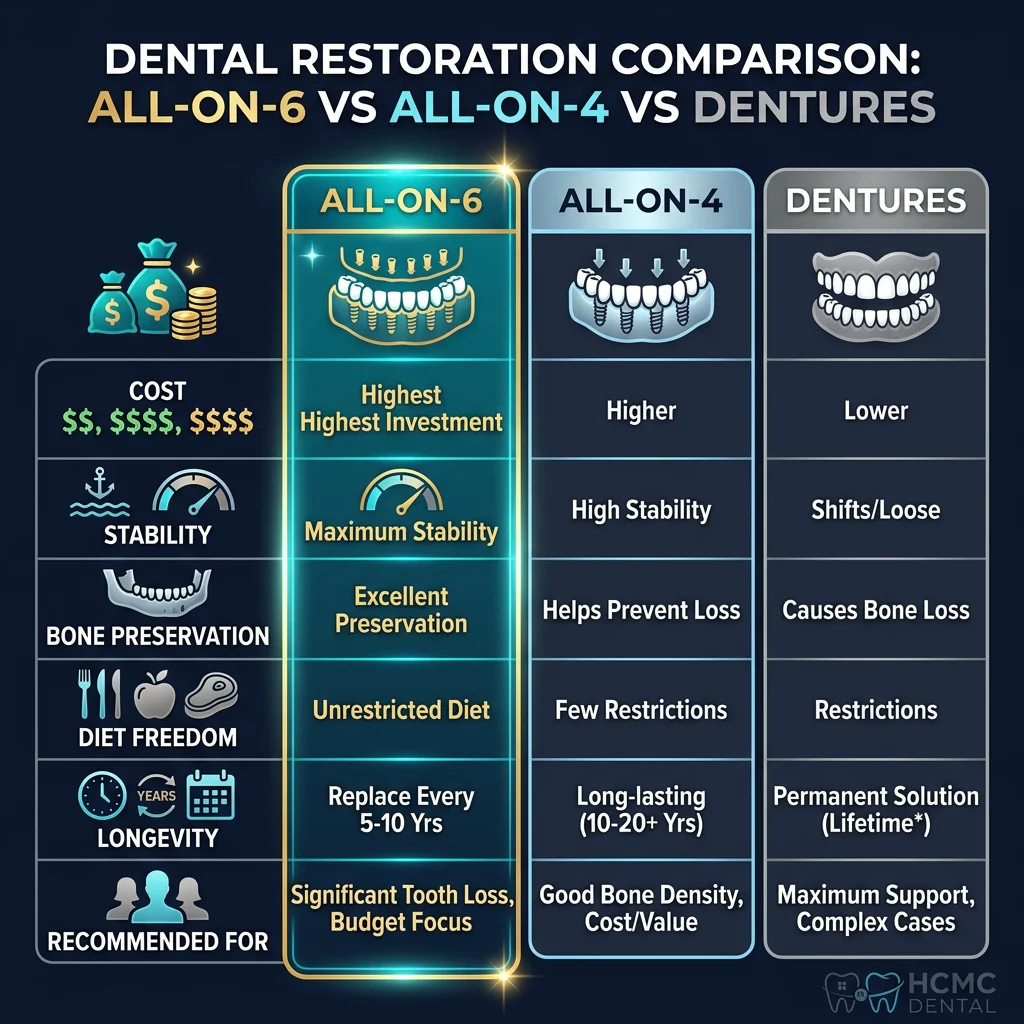 Side-by-side comparison diagram: All-on-4 with 4 implants vs All-on-6 with 6 implants in jawbone cross-section