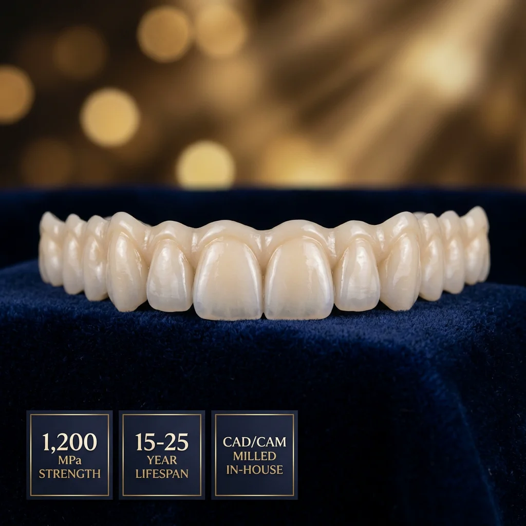 Monolithic zirconia full-arch dental bridge for All-on-6 implants — showing natural translucency and colour, HCMC Dental Vietnam