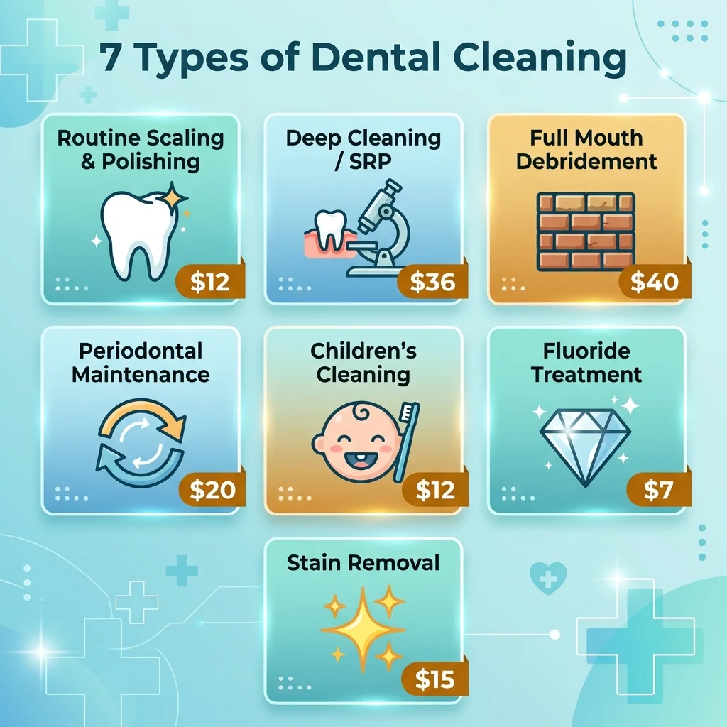 Visual comparison of 7 types of dental cleaning — from routine scaling to deep cleaning and periodontal maintenance