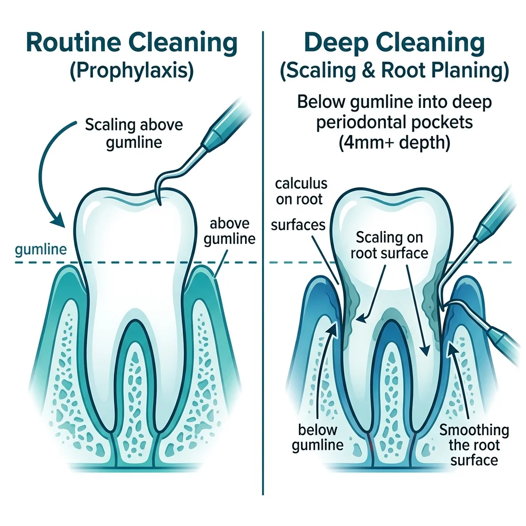 Deep cleaning diagram showing scaling below gumline vs routine cleaning above gumline