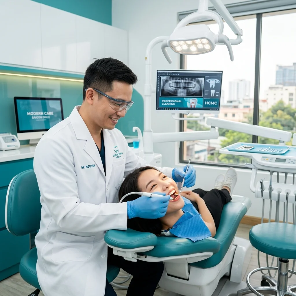 Professional dental cleaning at HCMC Dental — ultrasonic scaling and polishing in Ho Chi Minh City
