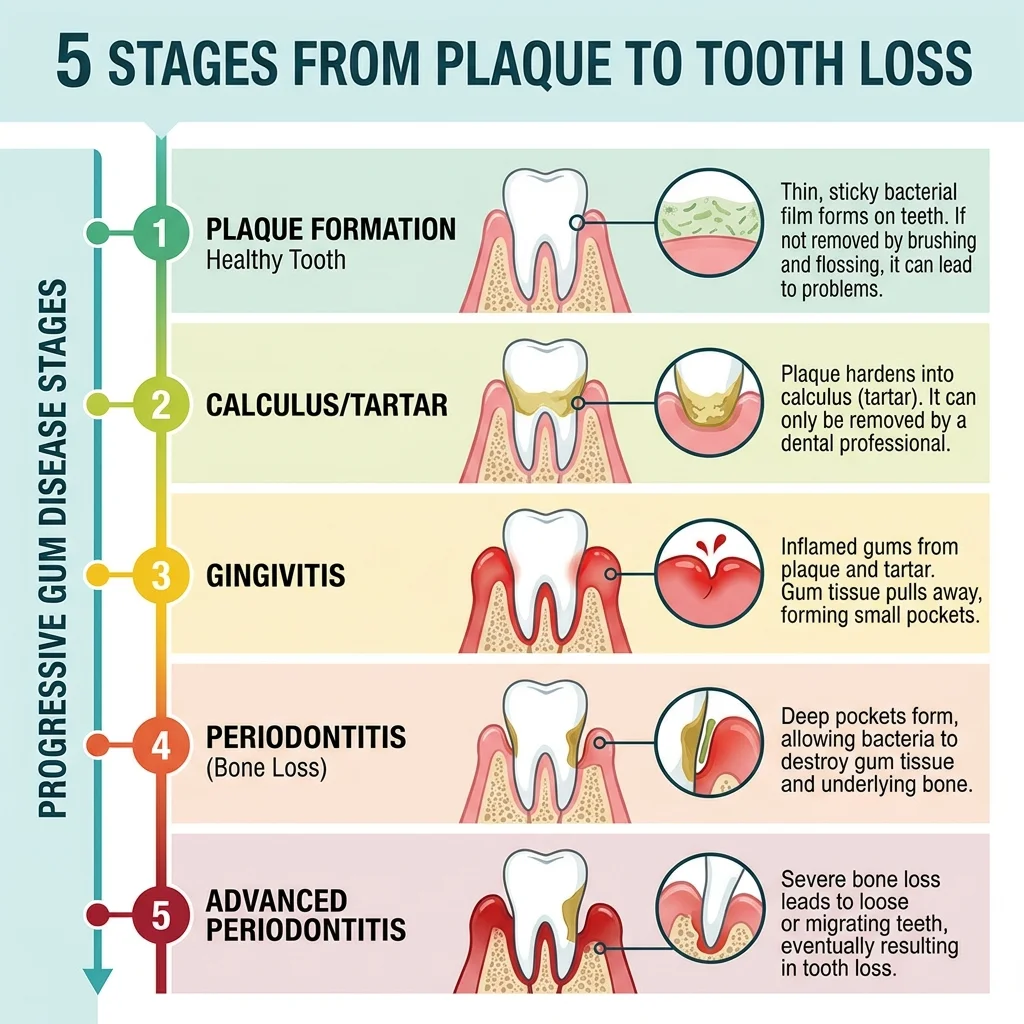 5 stages of gum disease progression — from plaque to calculus to gingivitis to periodontitis to tooth loss