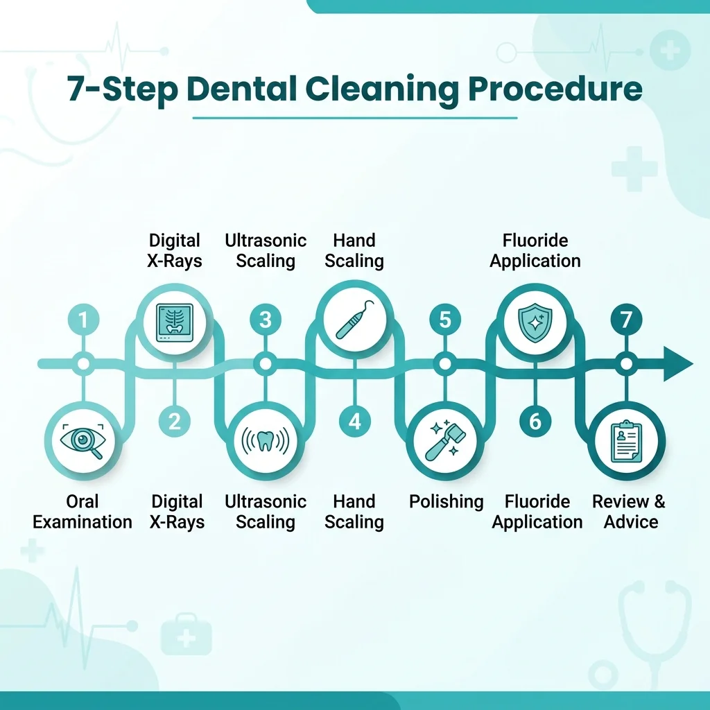 Step-by-step dental cleaning procedure at HCMC Dental — from examination to fluoride application