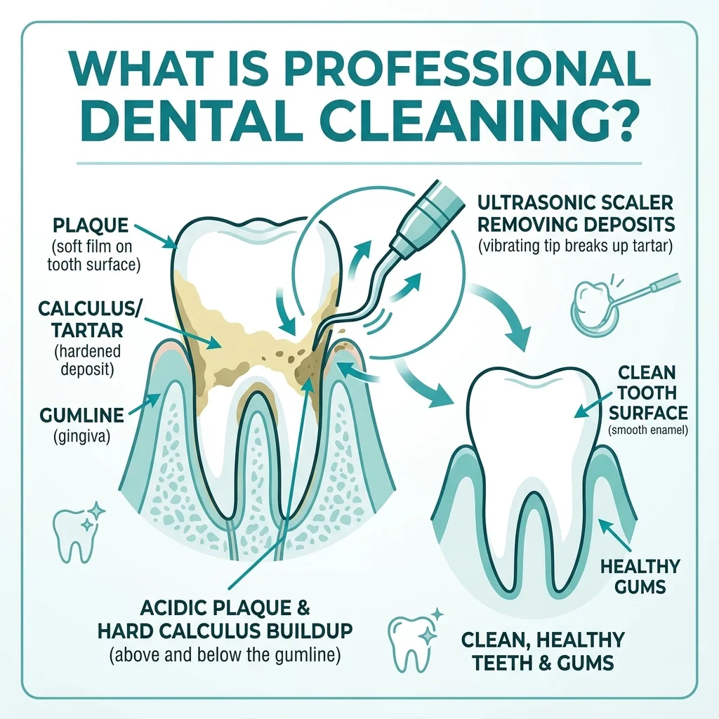 Infographic showing professional dental cleaning removing plaque and calculus from teeth