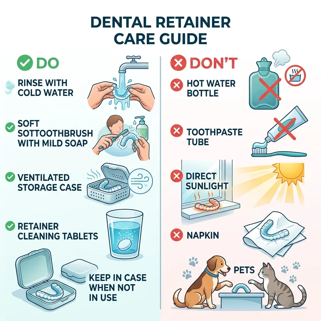 Infographic illustrating proper cleaning and storage of orthodontic retainers