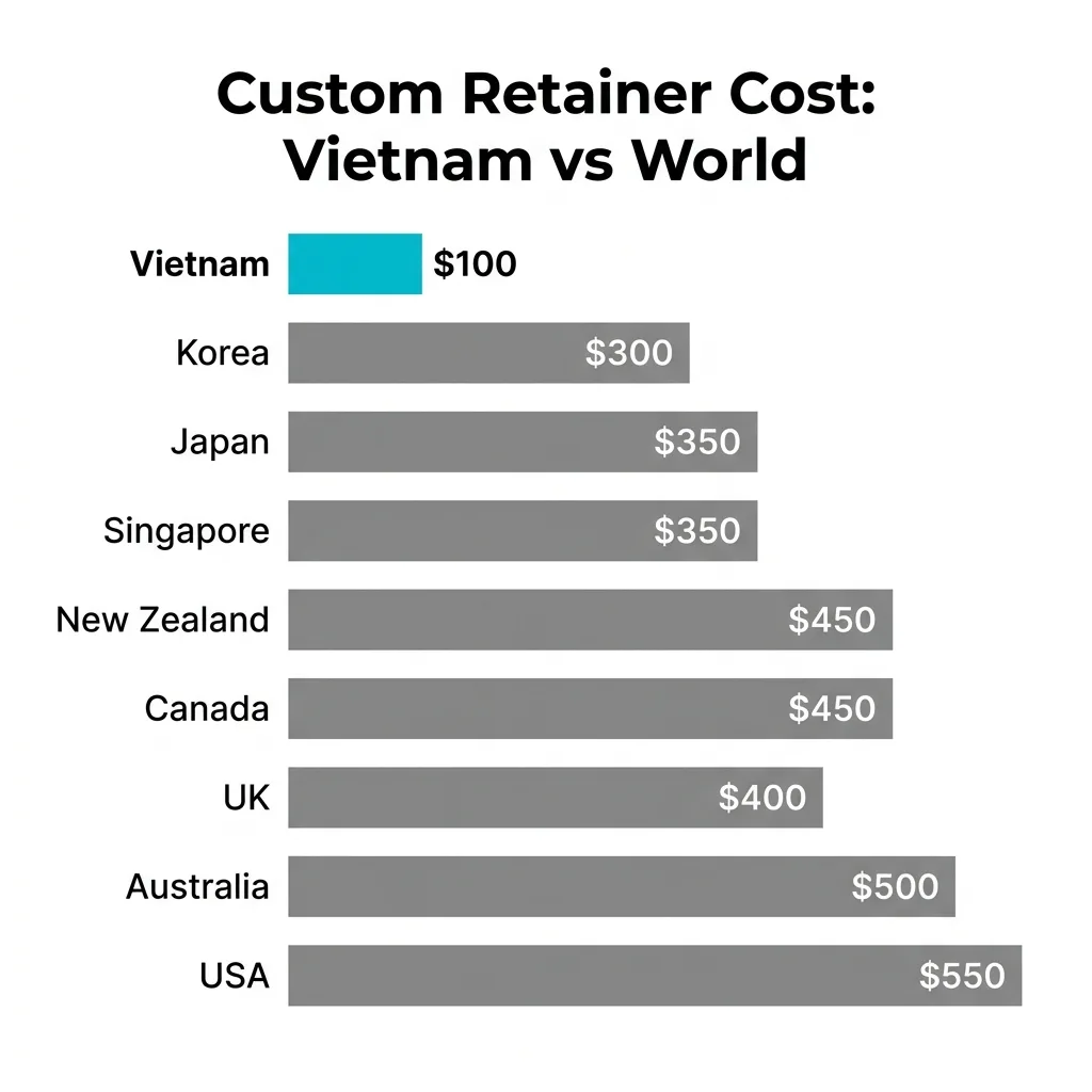 Bar chart comparing retainer replacement prices in Vietnam, Australia, USA, UK, and Canada