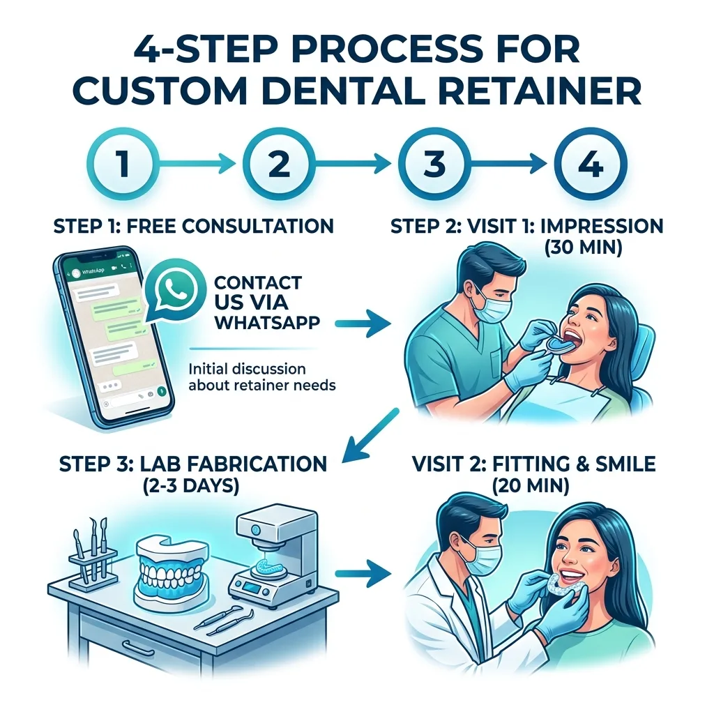 Infographic showing 4 step process: WhatsApp booking, impression taking, lab fabrication, and fitting