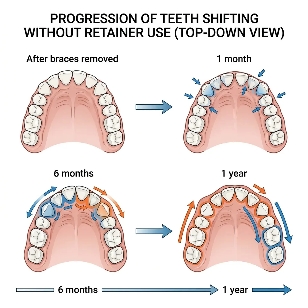 Teeth shifting over time without retention — diagram of orthodontic relapse
