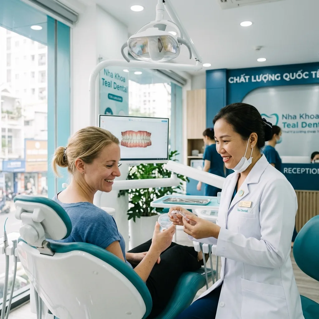 A tourist receiving custom orthodontic retainer adjustments at a premium dental clinic in Saigon