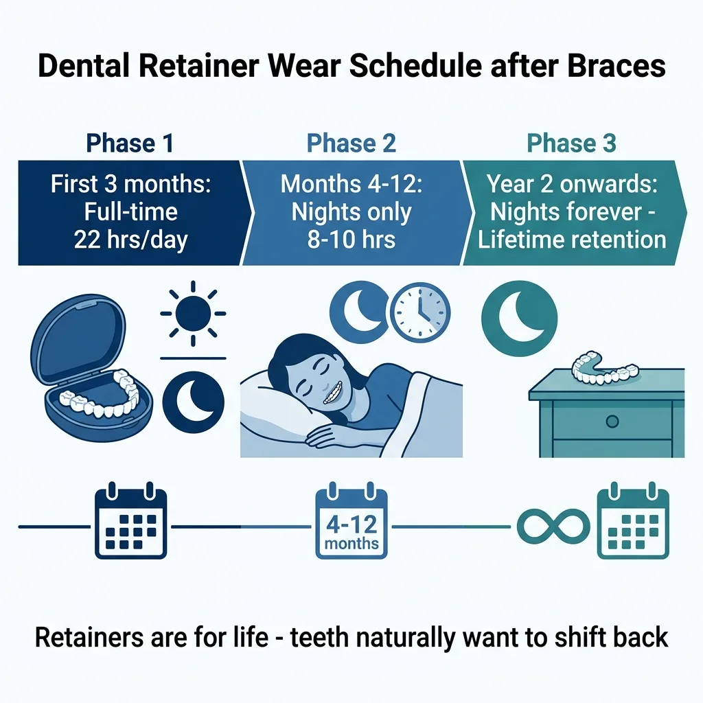 Orthodontic retention timeline diagram showing full-time wear, night wear, and lifetime wear