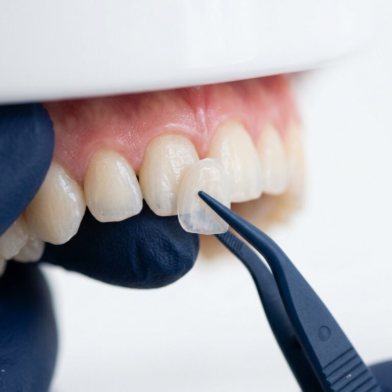 Porcelain veneer shells on a dental model