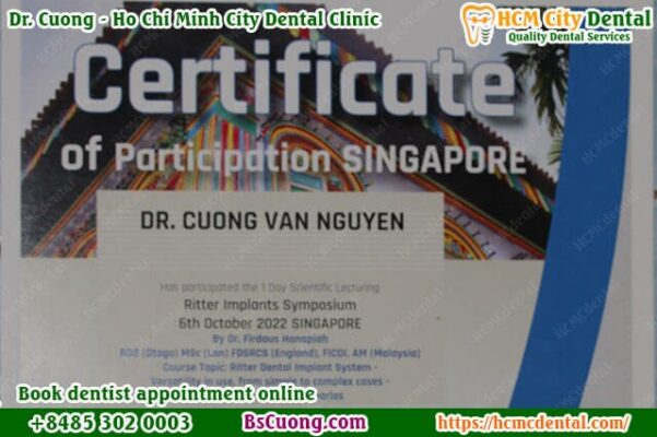 Dr. Cuong — Ritter Dental Implant System Certificate of Participation, Singapore 2022
