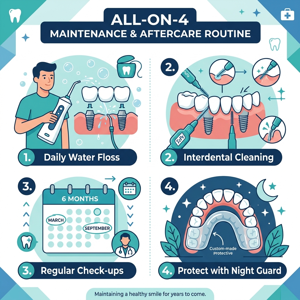All-on-4 maintenance routine: daily water flosser, interdental cleaning, 6-month check-ups, night guard