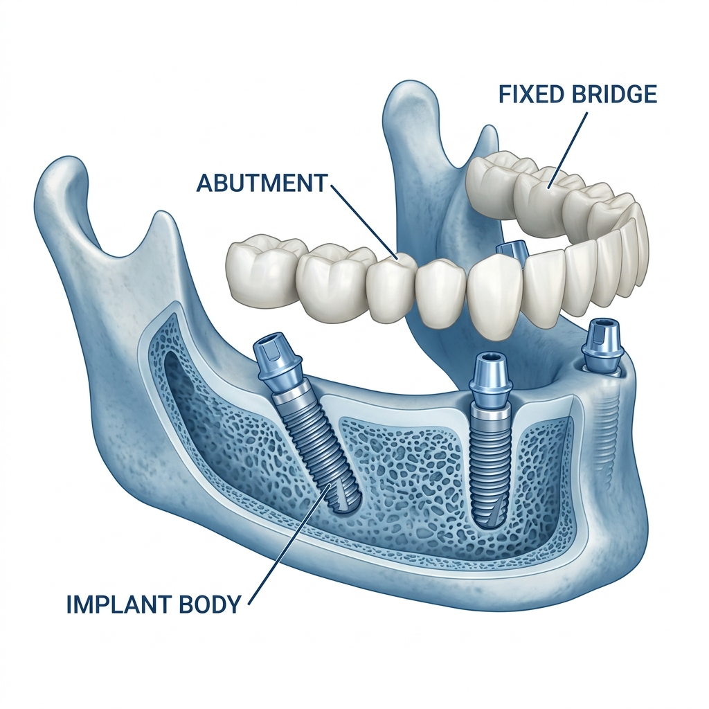 Diagram showing 4 titanium implants in jawbone supporting a fixed full-arch dental bridge — All-on-4 technique