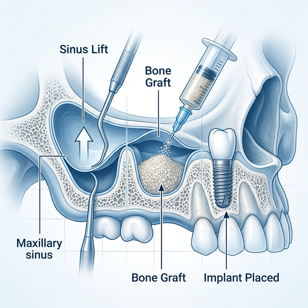 Medical illustration showing sinus lift and bone graft technique for dental implants in upper jaw cross-section