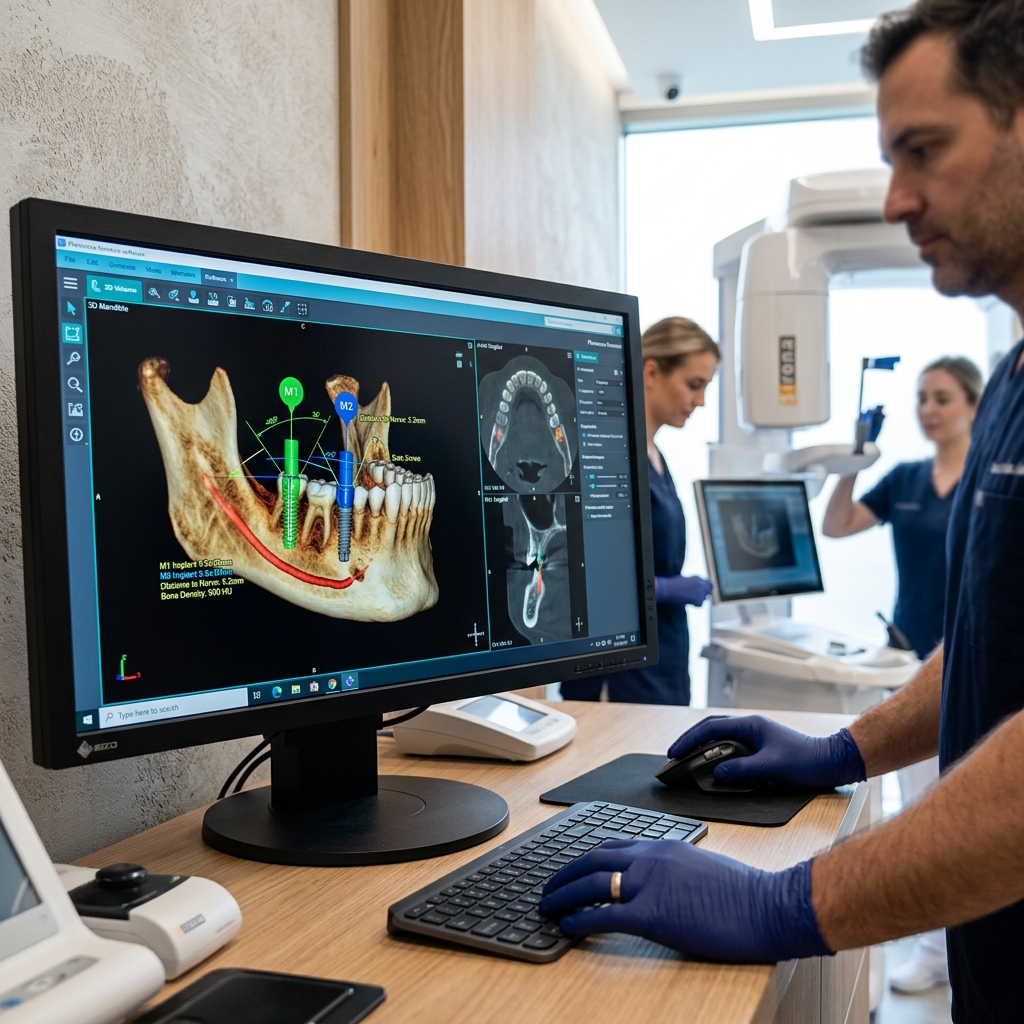 3D CBCT cone beam scan with digital implant planning overlay on computer screen at dental clinic