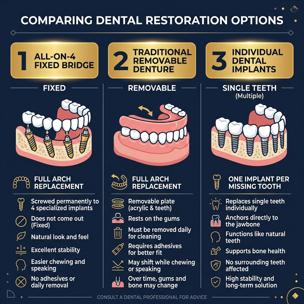 Comparison infographic: All-on-4 fixed bridge vs traditional removable dentures vs individual dental implants