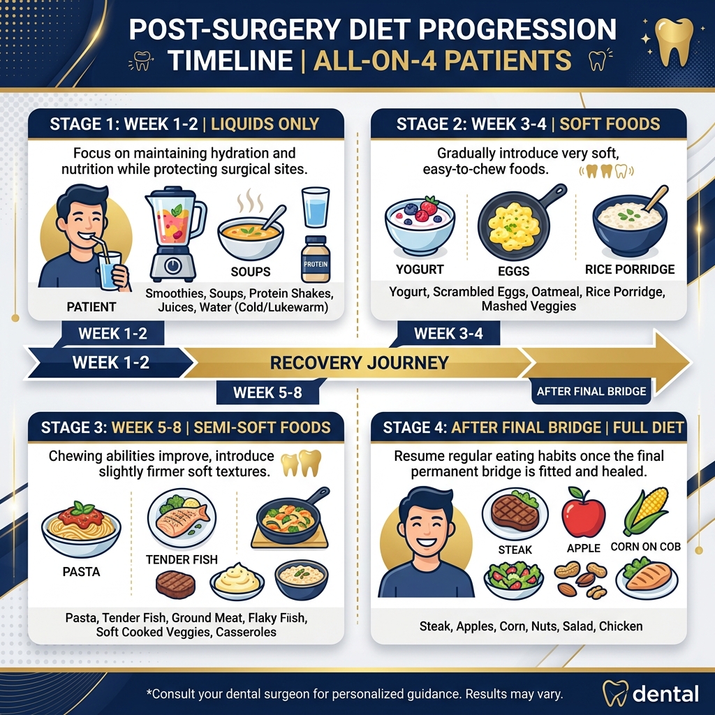Post-surgery diet progression timeline for All-on-4 patients: liquids, soft foods, semi-soft, full diet with food icons
