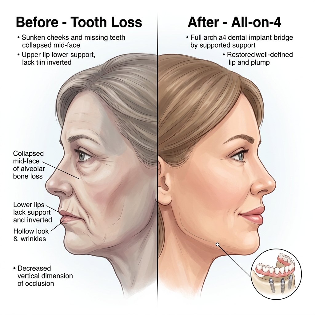 Before and after comparison showing facial collapse from tooth loss restored by All-on-4 implants with full facial support