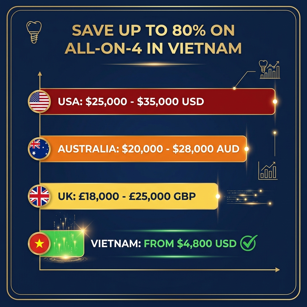 Bar chart comparing All-on-4 implant costs: USA $25,000-35,000, Australia $20,000-28,000 AUD, UK £18,000-25,000, Vietnam from $4,800